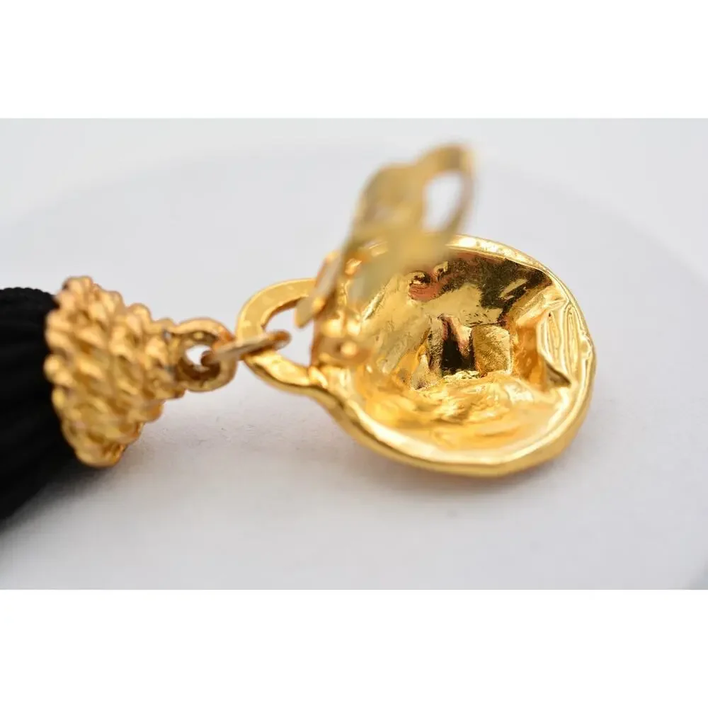 Vintage Lion Head Black Tassel Clip On Statement Earrings Brushed Gold 80s BinAR